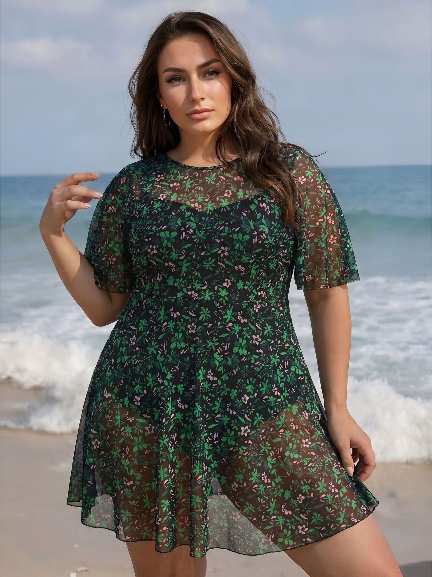 Plus Size Mesh Overlay One Piece Swimdress - 2026 High Waist Bikini